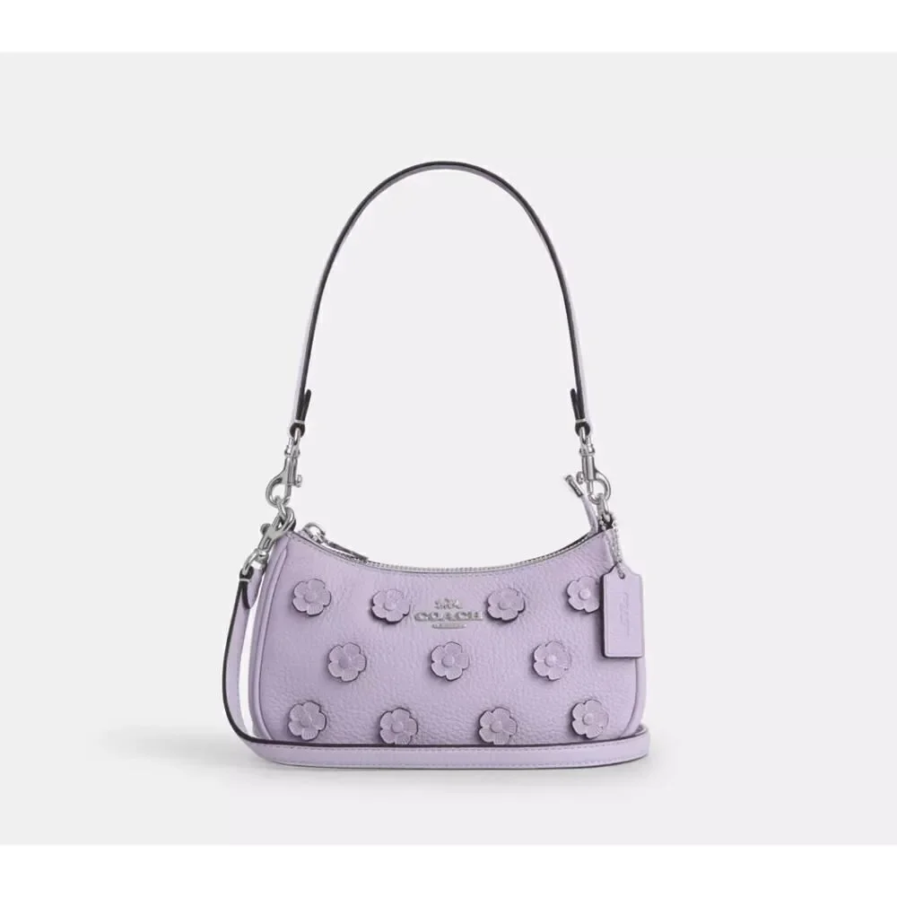 NWT Coach CAJ98 Teri Mini Crossbody Bag With Floral Applique Silver/Lilac